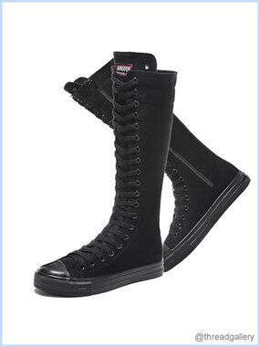 Canvas Knee High Sneakers Side Zip Lace Up Long Boots Cheer Dance